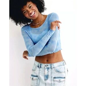 Aerie XS Magic Mesh Lettuce Hem Top Blue White Tie Dye